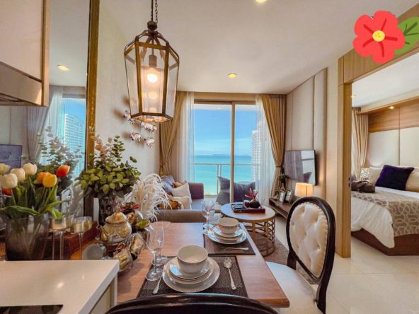 1-bedroom condo for sale in Riviera Wongamat, sea view, 22nd floor, Thai name, fully furnished, prime location