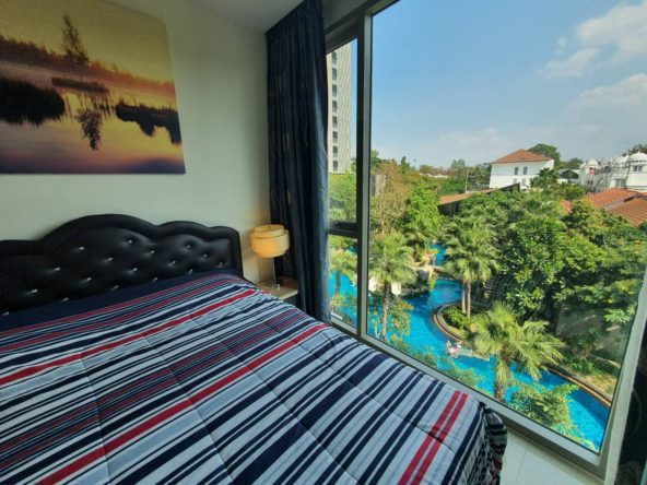 “Garden view from balcony of Riviera Wongamat Pattaya condo for sale”