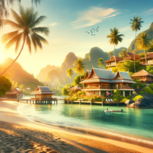 Tranquil beach scene in Thailand with clear blue waters and traditional Thai architecture.