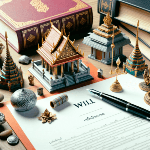 Person signing a will with the backdrop of Thai scenery, symbolizing will creation in Thailand