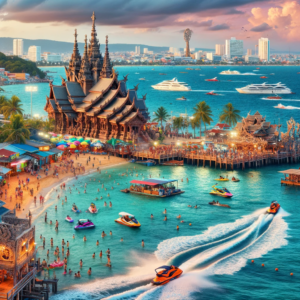 Aerial view of Pattaya cityscape with sandy beaches, crystal-clear waters, and vibrant streets, showcasing Thailand's coastal beauty.