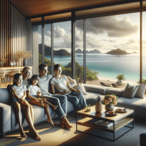 American family relaxing in their Thai home with a stunning ocean view.