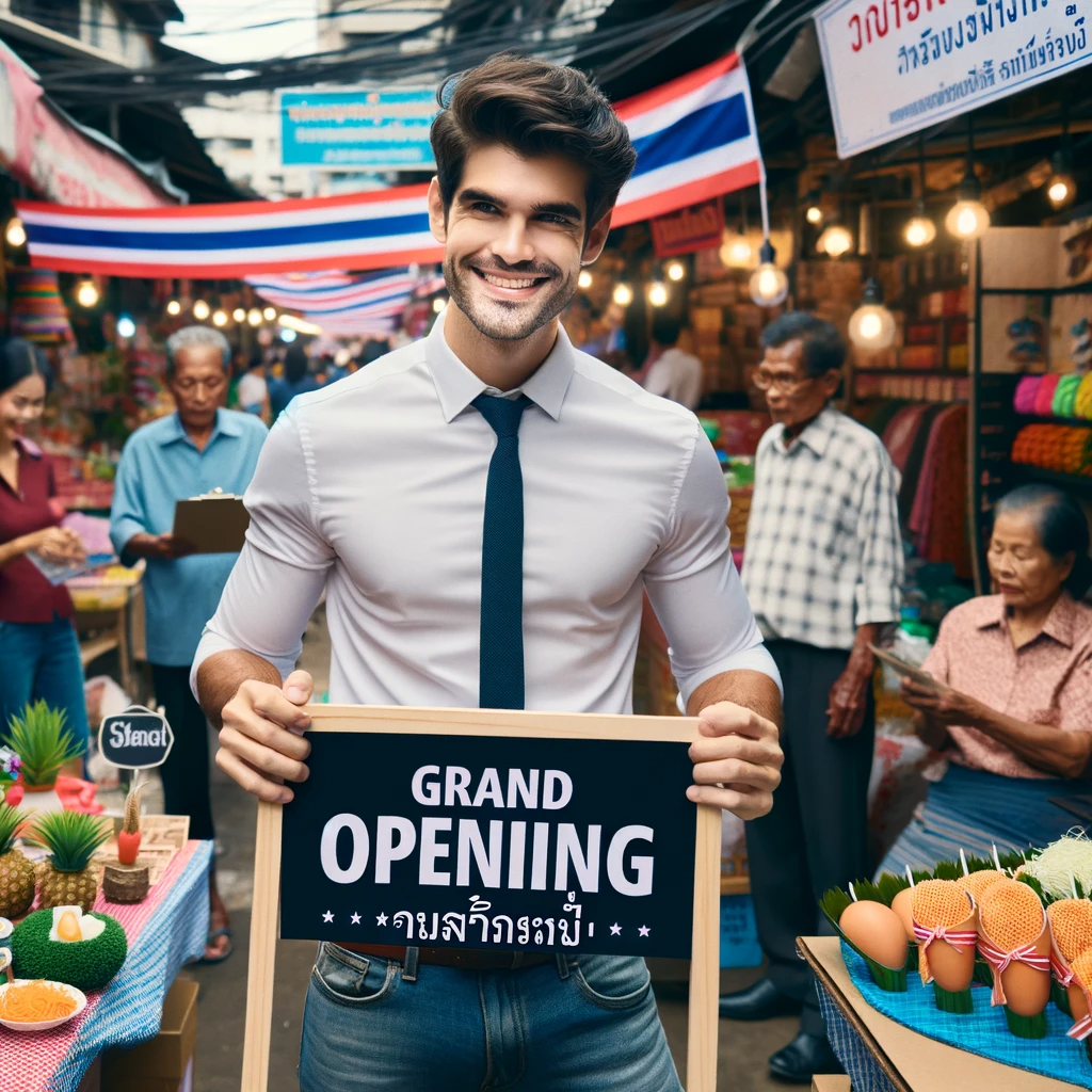 A foreign entrepreneur setting up a 'Grand Opening' sign at a new business in a colorful Thai market with local vendors and customers around.