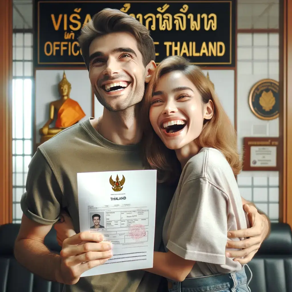 A young couple stands at a consular office desk, holding a document with Thailand's flag, with Buddhist icons in the background.