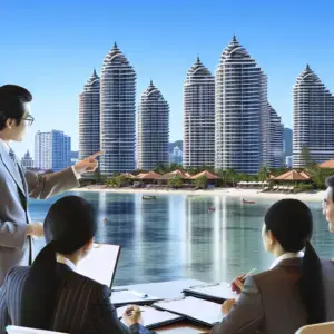 Professional expatriates and investors consult real estate agents against Pattaya's modern condominium skyline.