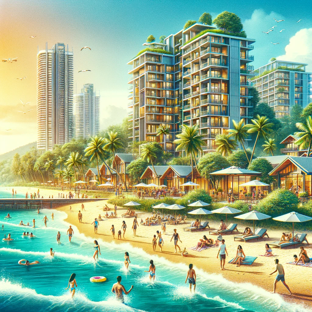 Vibrant beach scene in Thailand with people enjoying themselves and a modern condominium in the background.