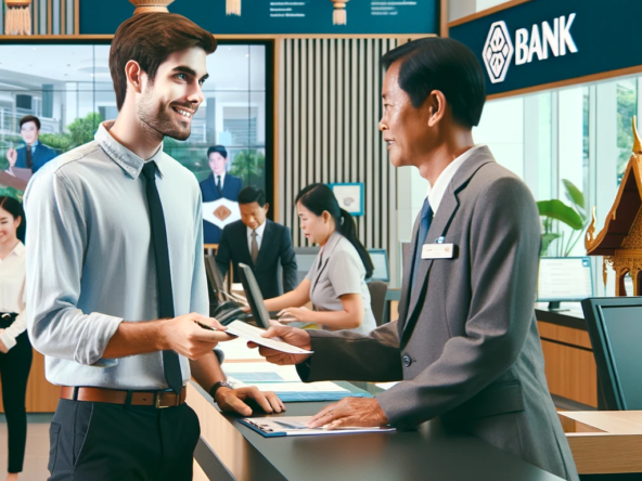 A foreign man in business casual attire handing over documents to a Thai female bank clerk in a modern, culturally decorated bank in Thailand.