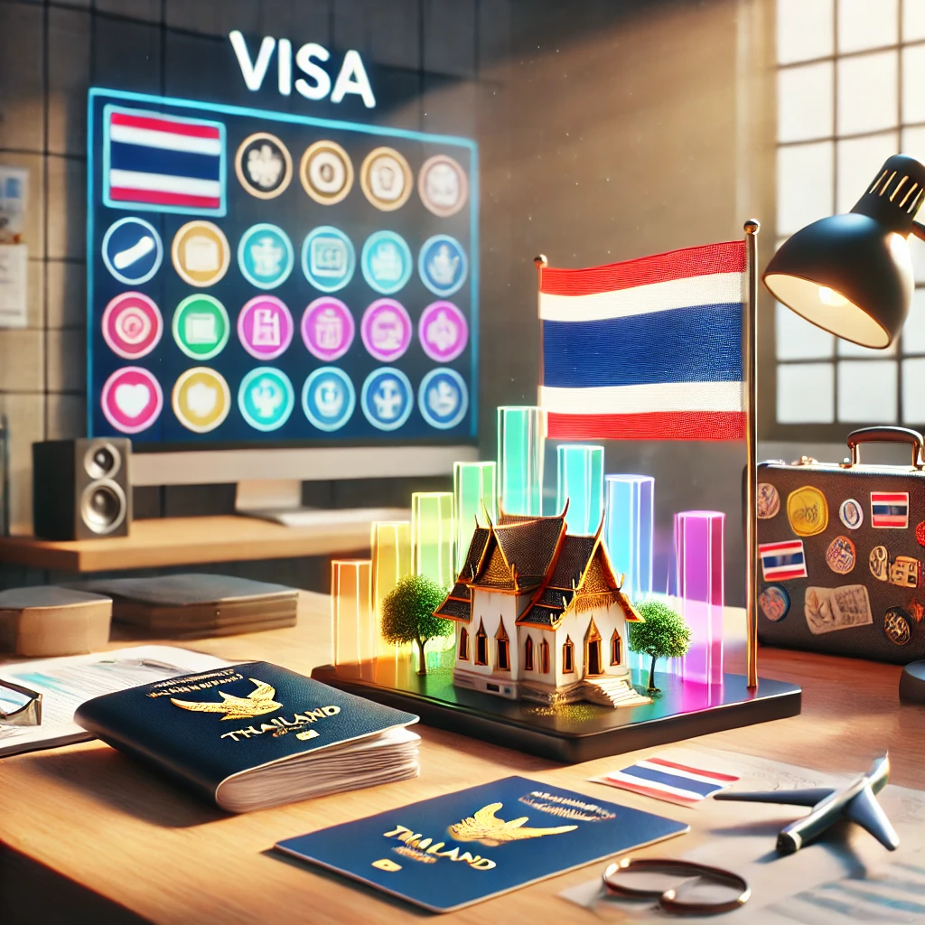 A 3D-rendered image showing visa options for staying in Thailand, featuring passports, visa applications, a miniature house model, and a Thai flag in a professional office setting.