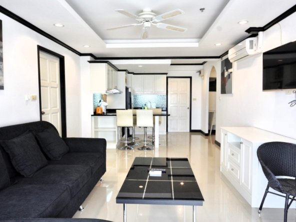 Fully furnished living room in a 2-bedroom condo at Jomtien Beach Condominium.