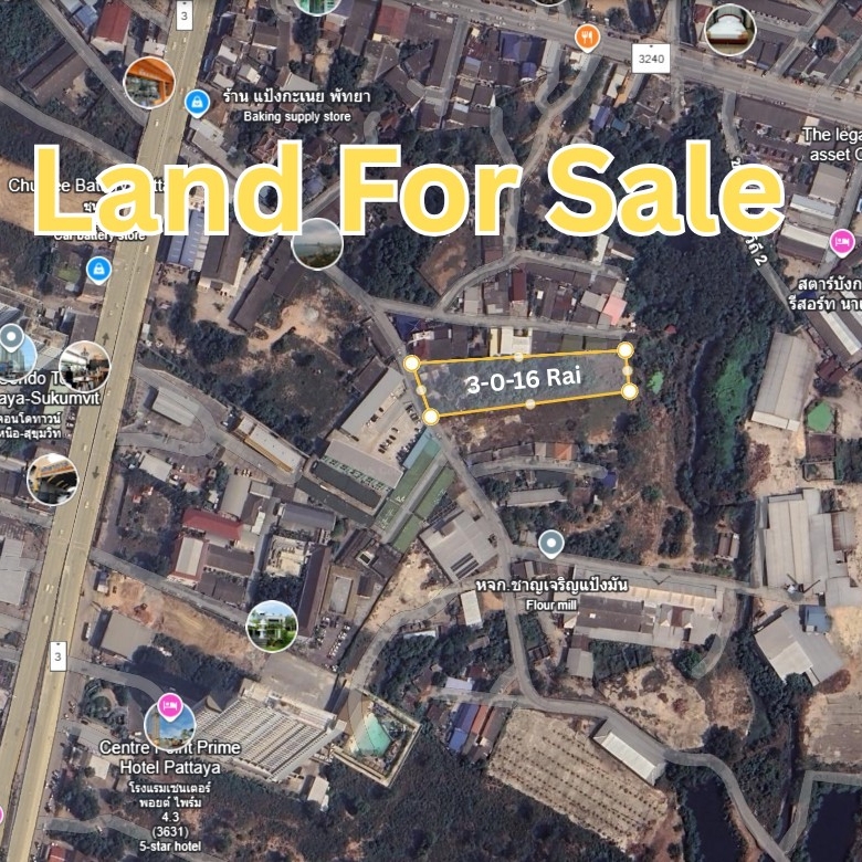 Land for sale Sukhumvit-Pattaya 31, 3 rai, 200 meters from Sukhumvit Road, prime Pattaya location