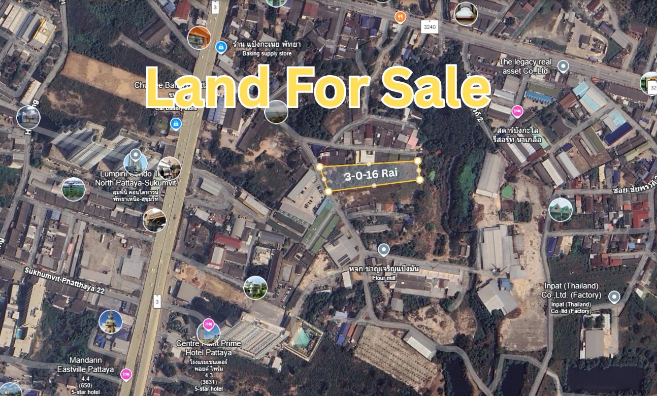 Land for sale Sukhumvit-Pattaya 31, 3 rai, 200 meters from Sukhumvit Road, prime Pattaya location