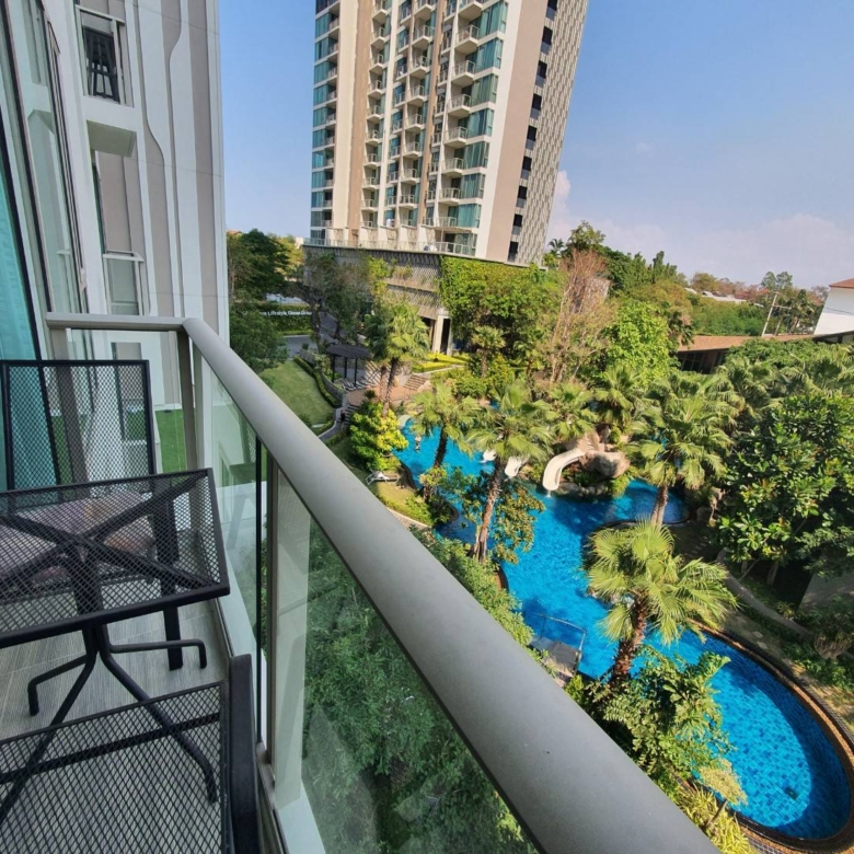 “Garden view from balcony of Riviera Wongamat Pattaya condo for sale”