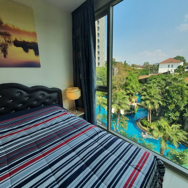 “Garden view from balcony of Riviera Wongamat Pattaya condo for sale”